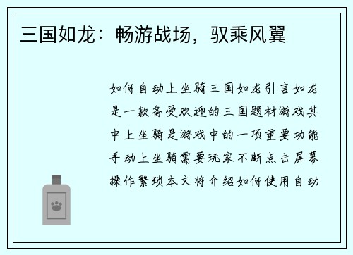 三国如龙：畅游战场，驭乘风翼