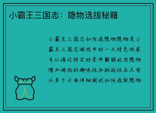 小霸王三国志：隐物选拔秘籍