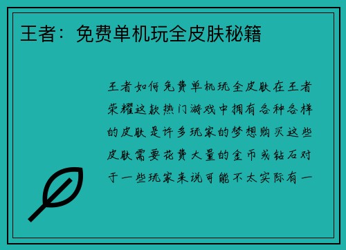 王者：免费单机玩全皮肤秘籍
