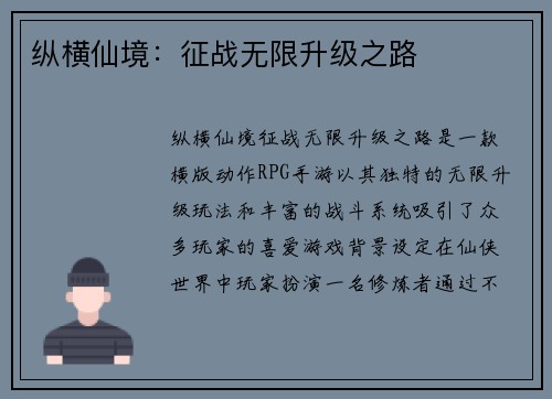 纵横仙境：征战无限升级之路
